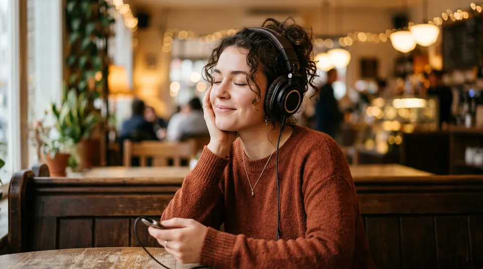 Creative person with headphones listening to music